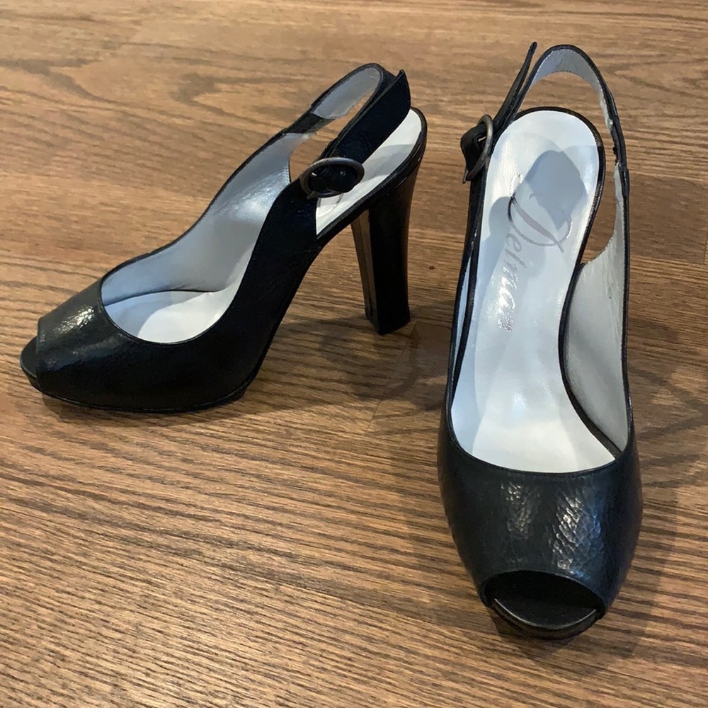 Delman platform sling back heels black leather 6.5